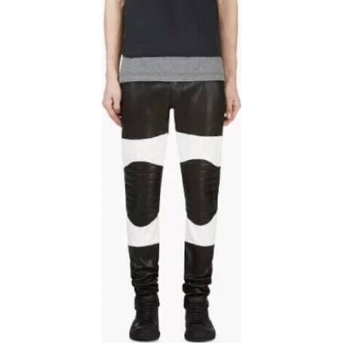 Mens Brand Fashion Black White Knee Street Europe America Stitching Leather Pants Men Trousers Right Zhi-long Gd Same Paragraph