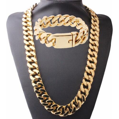 Mens Set 20mm Mens Chain Boys Necklace Curb Cuban Link Chain Silver Color Gold Color Stainless Steel Necklace Bracelet Set
