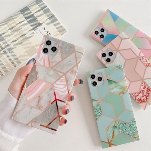 Glitter geometric mosaic marble Square soft phone case For iphone 2020 12 mini 11 pro Xs max XR 8 7plus anti-drop Silicone shell