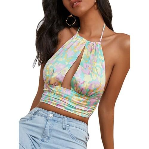 Slim fit chest hanging neck short vest new ins print open back top for Europe and America 2021 spring and summer