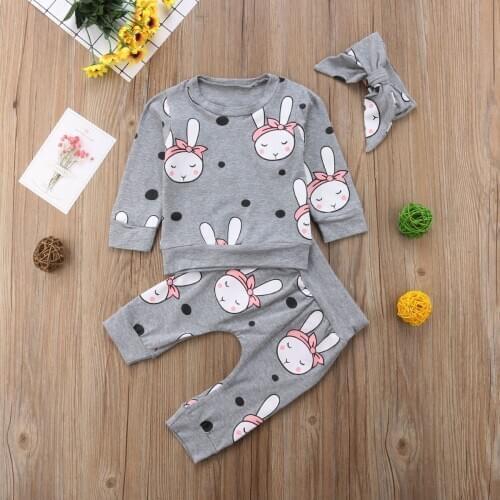 2020 Autumn Winter Toddler Baby Girls Boys Clothes 3PCS Long Sleeve Cartoon Rabbit Sweatshirt Tops+Pant+Headband Sets