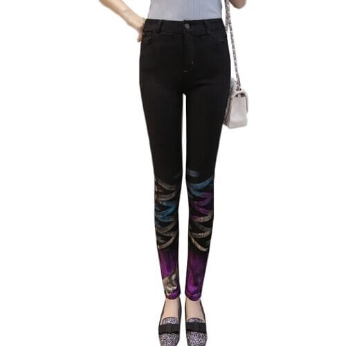 Autumn Womens Jeans New Wild Bronzing Skinny Stretch Feet Pants Slim Women Trousers Large size Black Denim Pencil Pants AH203