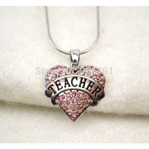 Fashion 50pcs a lot rhodium plated Teacher with pink crystal heart pendant necklace
