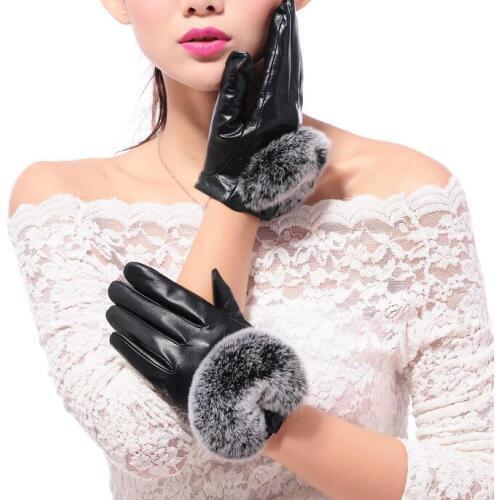 Womens autumn and winter thicken fleece lining glove ladys natural rabbit fur glove genuine leather driving glove R278