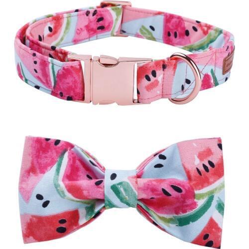 Watermelon Pink Cotton Fabric Dog Collar and Leash Set with Bow Tie for Big and Small Dog Rose Gold Metal Buckle Pet Accessories
