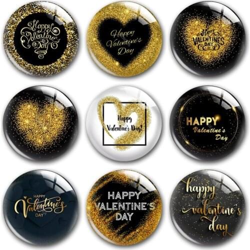 Handmade Happy Valentines Day Black Gold Heart Round Photo Glass Cabochons Demo Flat Back DIY Jewelry Making Findings Accessory