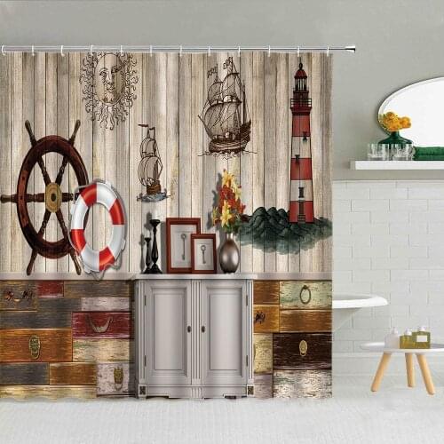 Rudder Sailing Boat Wooden Planks Background Shower Curtain Fabric High Quality Bathroom Supplies Decor With Hook Cloth Curtains