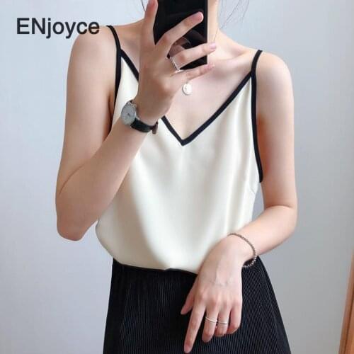 Sexy Spaghetti Strap Top Women Halter V Neck Basic White Cami Sleeveless Chiffon Tank Cropped Tops Women Summer Korean Style Tee