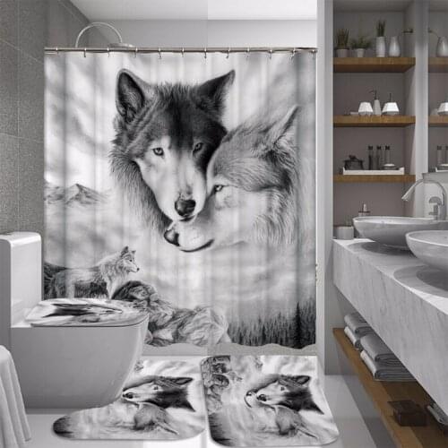 4 Pcs Snuggled Wolf Waterproof Shower Curtains Bathroom Set Toilet Lid Cover Non-Slip Bath Mat Rugs Home Decor with 12 Hooks