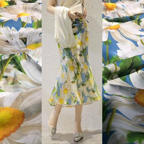 Blue chrysanthemum printed polyester fabric cloth 145 cm width pants shirt camisole dress crepe de chine fabric Hot sale in 2020