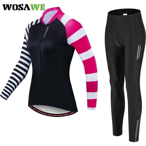 WOSAWE Women Long Sleeve Pro Team Suit Jersey Skinsuit Bicycle Clothe Pink Gel Pad Reflective Quick Dry Breathable Summer Spring