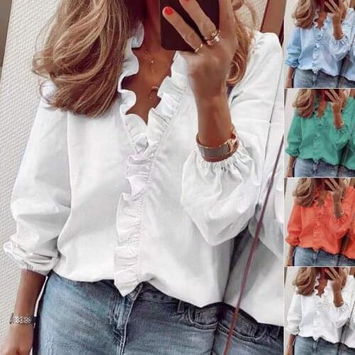 PlusSister Spring Autumn Long Sleeve Womens Tops And Blouses Casual Ruffles V Neck Plus Size Loose Female Tunic Shirt Elegant