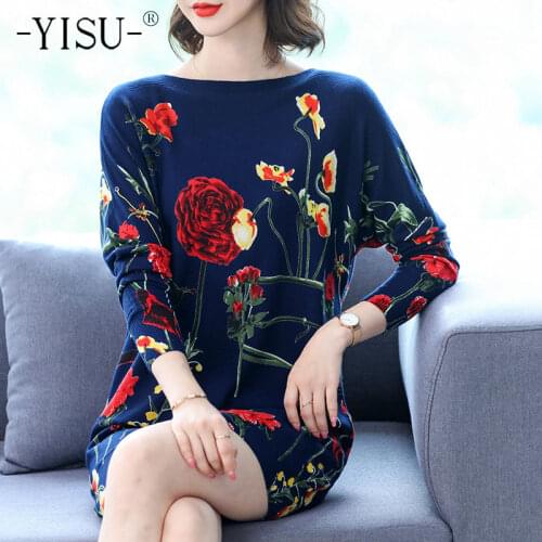 YISU Women clothing Soft Sweater O-Neck Spring Autumn Printing Rose flower Tops Female Jumper Loose Casual Long Knitted pullove
