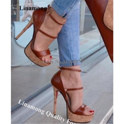 Linamong Fashoin Women Open Toe High Platform Stiletto Heel Gladiator Sandals Brown Wooden Bottom High Heel Sandals Big Size