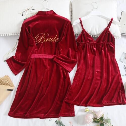 Embroidery Letter Bride Bridesmaid Wedding Robe Women Velvet 2PCS Nighty&Robe Set Soft Velour Kimono Bathrobe Gown Nightdress