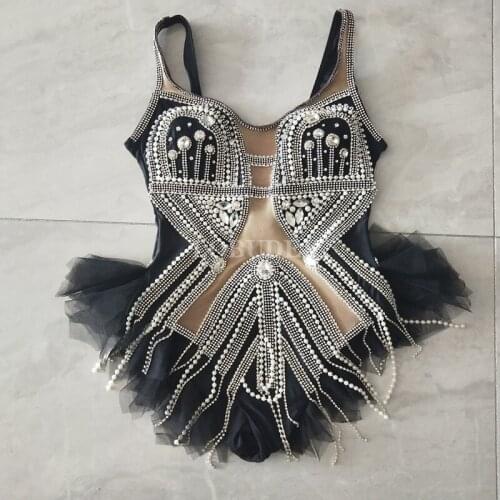 Women Singer Nightclub Costume Silver Black Rhinestones Beading Bodysuit Sexy DJ Jazz Pole Dancing Latin Performance Stage Wear
