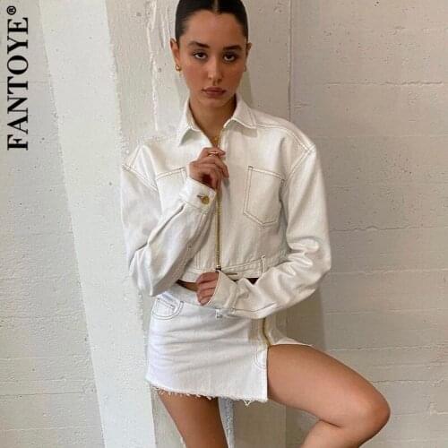 Fantoye Turn-down Collar Zipper Women Two Piece Sets White Long Sleeve Tops Sexy Split Skirts Ladies Autumn Slim Streetwear Sets