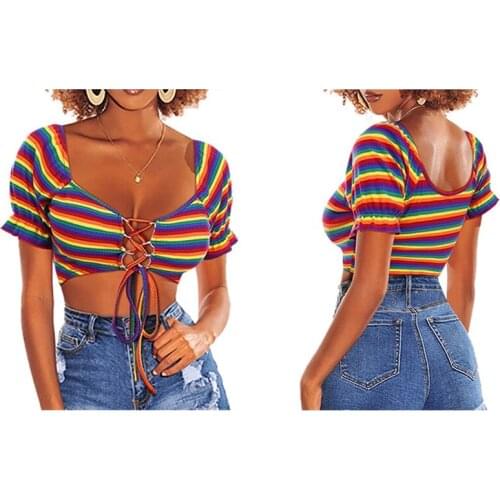 Women’s Casual Short Sleeve Cardigan Fashion Stripe Front Bandage Exposed Navel T-shirt