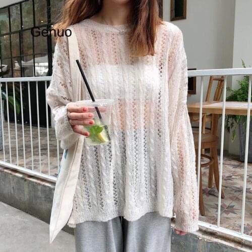 Women Spring Sweater O-neck Hollow Out Transparent Female Fashion Pollover Korean Style Ladies Jumper Sexy