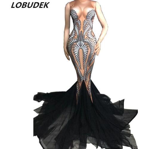 2018 New Women Party Fishtail Dress 3D Printing Long Trailing Dress Nightclub Bar Singer Prom Models Catwalk Performance Costume