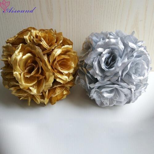 Aisound Wedding Centerpieces Artificial Silk Rose Flower Kissing Ball Gold Silver Wedding Decoration Supplies Pomander 2pcs/lot