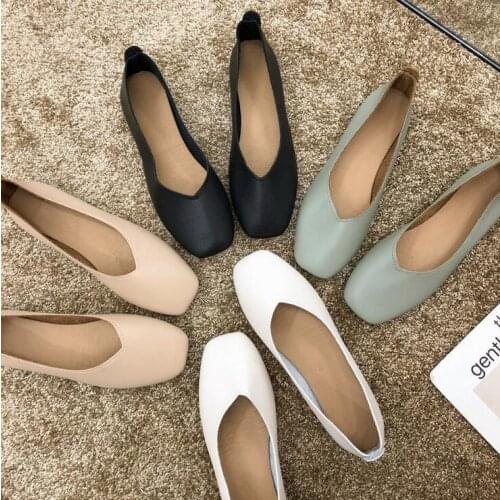2021 New Spring Flats Shoes Women Soft Sole Flat Heel Ballet Square Toe Shallow Brand Shoe Woman Slip on Loafer Zapatos De Mujer