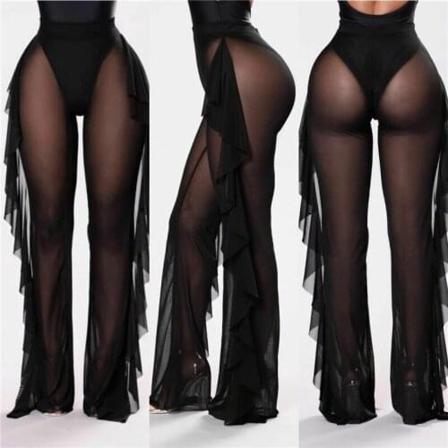 2021 Sexy Women See-through Pants Bikini Cover Up Mesh Ruffle Bottoms Plus Size Loose Long Trousers Beachwear Swimwear Swimsuit
