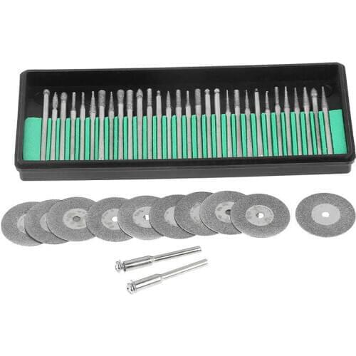 30 pcs of burs + 10 pcs of cutting discs + 2 pcs of chucks for tool accessories