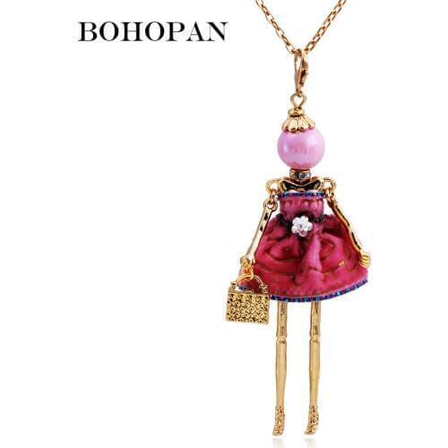 Bohopan 2019 Gold Metal Doll Pendants Necklace Solid Cupcake Dress Long Neck Chain Square Metal Bags Statement Jewelry collares
