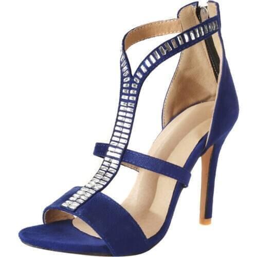 Summer Sexy Women Shoes Flock Rhinestone Thin High Heels Sandals Black/Red/Blue zapatos mujer Plus Size 34-45 XKD4158