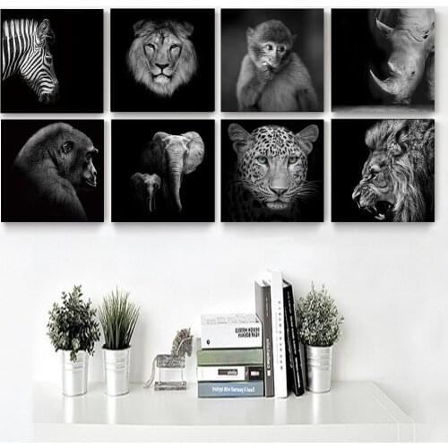 Black and White Artwork Canvas Painting Wall Art Animal Graffiti Monkey Lion Bear Poster and Printing For Living Room Decoration