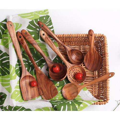 Wooden Tableware Spoon Filter Soup Skimmer Cooking Spoon Scoop Kitchen Tool Set