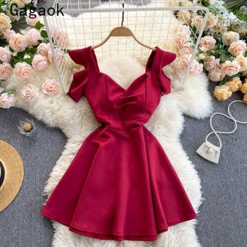 Gagaok Woman Dress 2021 Summer New V-Neck Butterfly Sleeve Ruffles Solid Sweet Mini Dresses Slim Chic Korean Fashion Vestidos