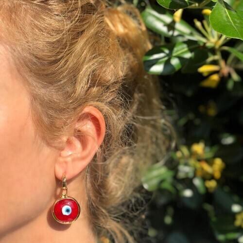 GULCE DERELI, BIG RED EVIL EYE EARRINGS, HOOP EARRINGS, AMULET, CHARM EARRINGS, GIFT BOX, GOLD/SILVER PLATED