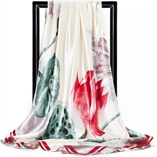 90cm Lotus Pond Print Square Scarf Women Neckerchief Head Silk Scarves For Ladies Brand Shawl Silk Women Scarf Foulard Hijab