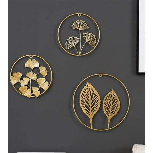 Nordic Style Iron Art Golden Leaf Shape Wall Hanging Decoration Creative Metal Round Wall Shelf Decor For Bedroom Living Room