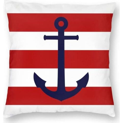 Nautical Navy Blue Anchor On Red Stripes Cushion Cover Sofa Home Decorative Sailing Sailor Square Throw Pillow Case 45x45