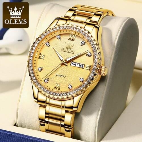 OLEVS New Mens Thin Dial Watch Gold Diamond Quartz Date Day Watches Movement Business Waterproof Stainless Steel Strap 5565