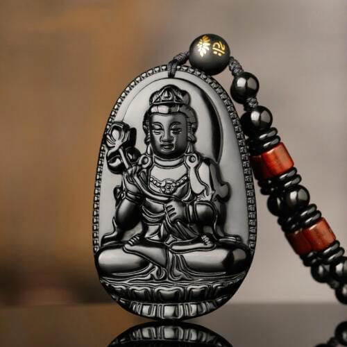 Natural Black Obsidian Bead Necklace Hand-Carved Buddha Pendant Fashion Charm Jewellery Lucky Amulet Gifts for Men Women