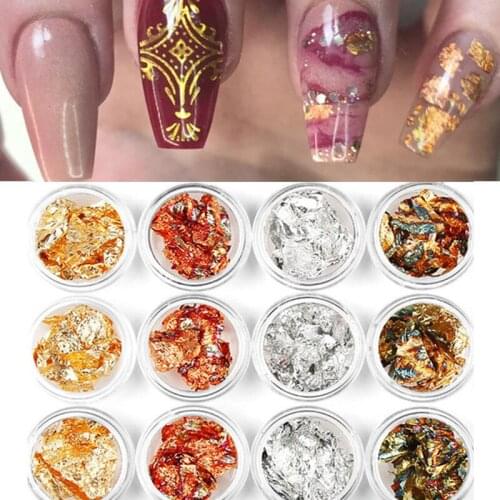 NEW! 12 Jars Nail Art Loose Glitter Flake Sparkles Nail Art Stickers DIY Nail Art Metallic Gold Leaf Silver Holo Foil 12 Box/LOT