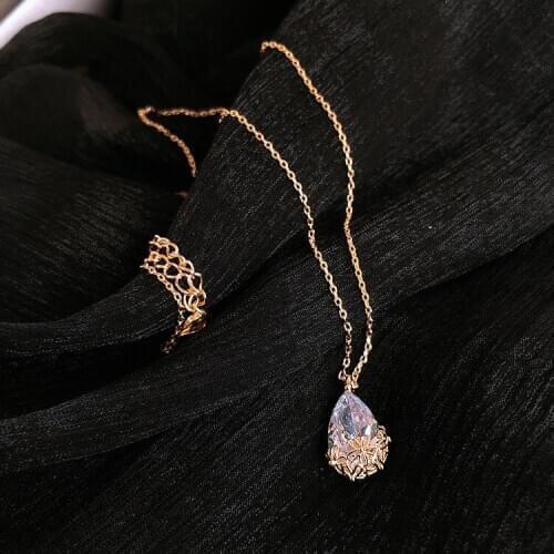 New Water Drop Long Necklace Rose Gold Natural Zircon Cute Pendant Ladies Hollow Flower Wedding Exquisite Fashion Jewelry