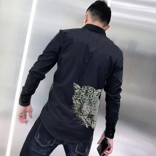 Pure Color Simple Style Mens Shirt Handsome Street Long Sleeve Casual Hip-Hop Tiger Shiny Hot Diamond