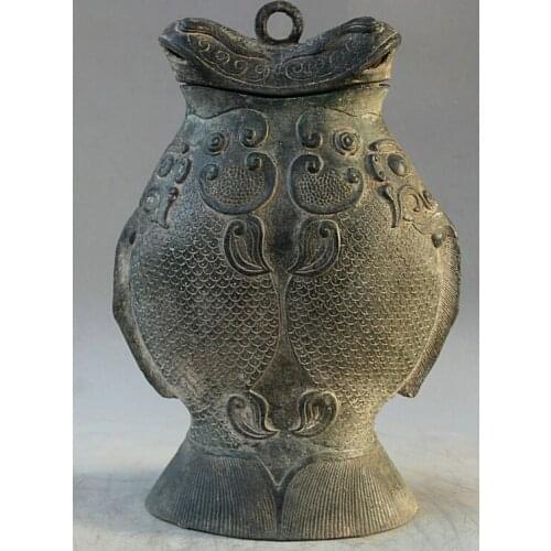 Song voge gem S2198 14" Old Chinese dynasty Bronze Folk Two Fish water vessel kettle Pot Jar Crock