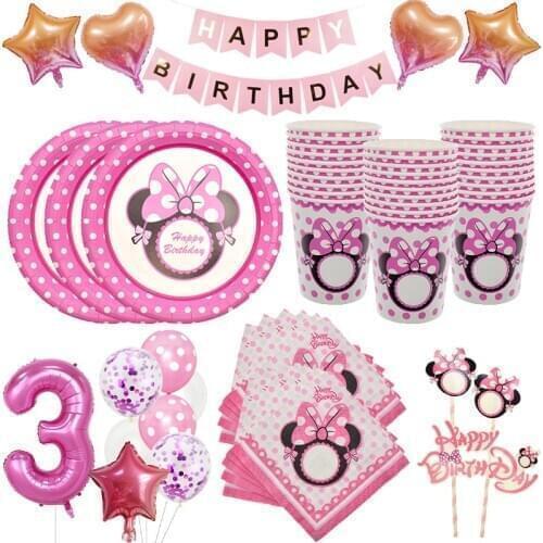 PINK MINNIE Girl Birthday Party Supplies Disposable Tableware Plates Cups Napkins Straw Baby Shower Favors Balloon Becoration