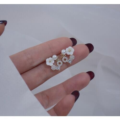 14k Real Gold Fashion Jewelry Crystal Pearl Flower Exquisite Cute Stud Earrings for Woman Holiday Party Elegant Earring