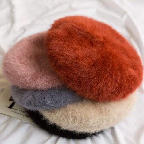 202011-samestripedmeshpaper Autumn Winter Ins Style Rabbit Hair Solid Lady Beret Hat Men Women Leisure Painter Hat