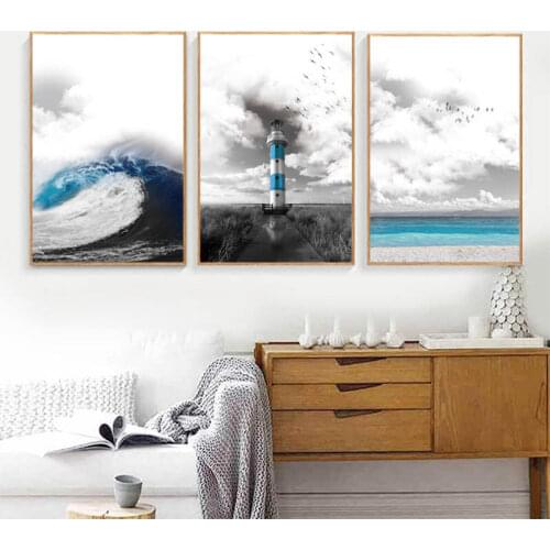 Blue Ocean Wave Landscape Canvas Painting Nordic Seascape Sky Lighthouse Posters and Prints Minimalist Wall Picture Home Decor