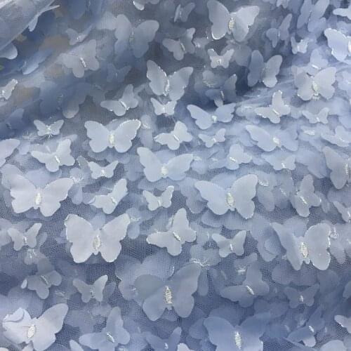 Blue pink blackl butterfly wedding dress lace fabric laser hot silver edge embroidered net yarn garment fabric