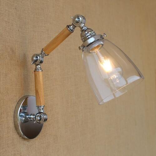 Wood glass shade adjustable swing arm industrial Vintage wall lamp e27 led modern light decorative for bedroom living room bar