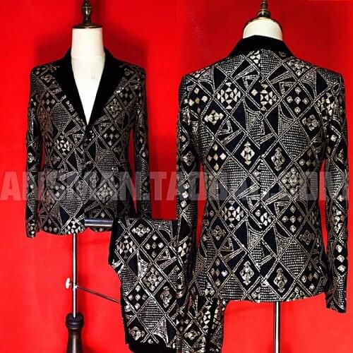 M-6XL!!Nightclub bar male singers host gold geometric embroidery slim suit stage suit